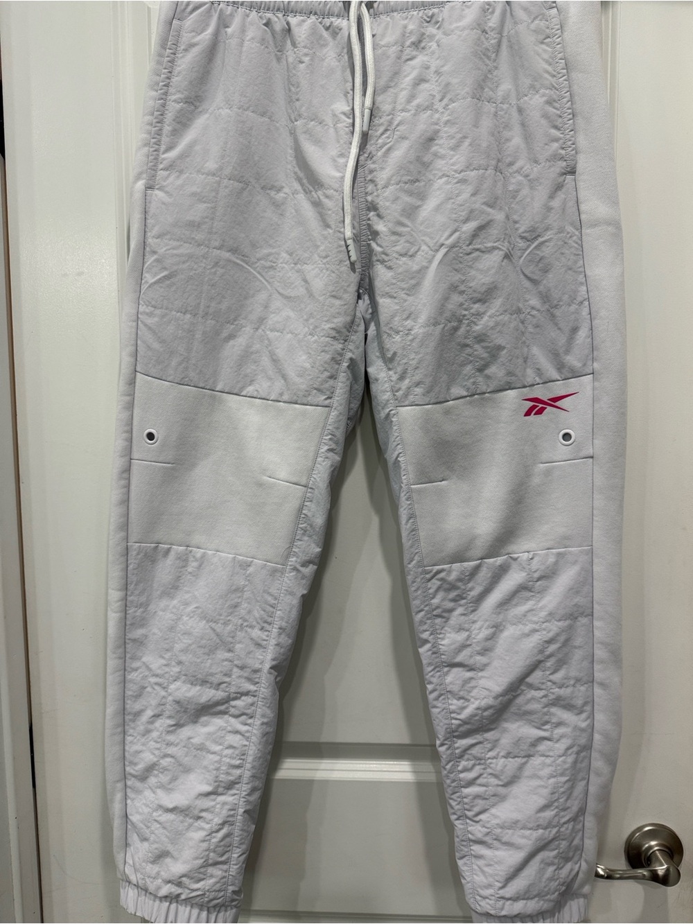 Reebok White Quilted Track Joggers with Pink Logo